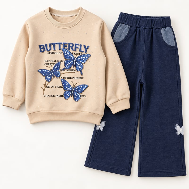 Beige sparkle sweatshirt with a blue butterfly print, with navy wide-leg trousers with pearl butterflies