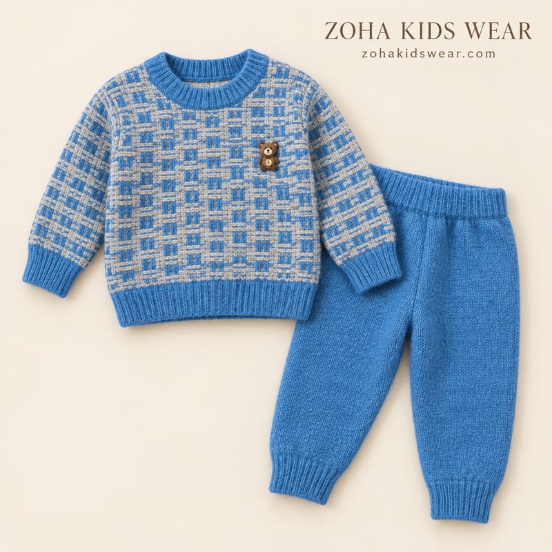 Cornflower-blue and oatmeal check-knit sweater with a teddy patch, with blue knit joggers