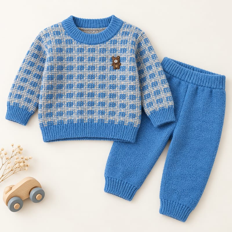 The blue check-knit sweater and joggers styled with a wooden toy car (toy not included)