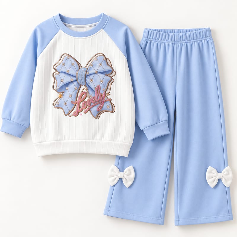 White and powder-blue raglan sweatshirt with a quilted Lovely bow print, with blue wide-leg trousers with white bows
