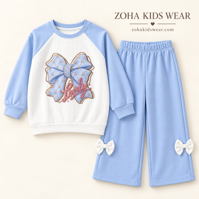 The Lovely bow sweatshirt and blue bow trousers on a cream background
