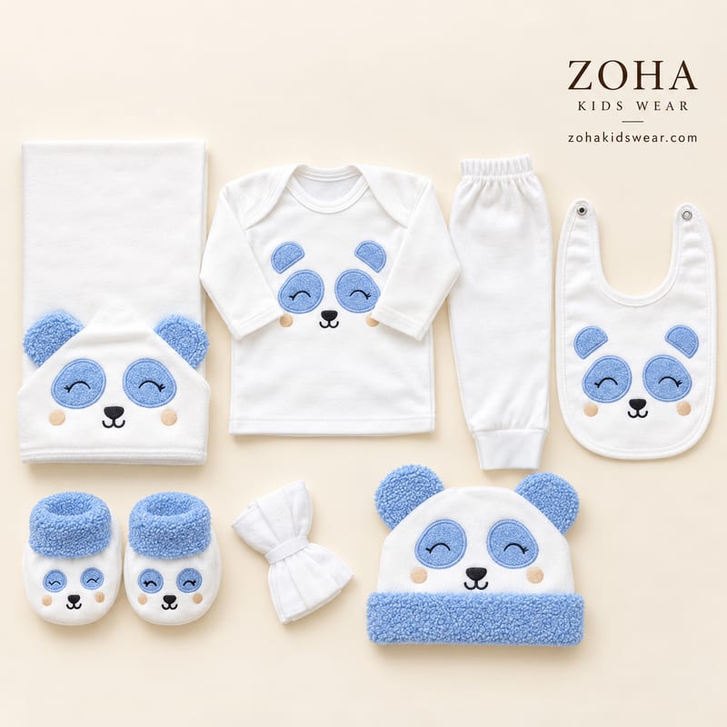 Blue panda newborn gift set: top, trousers, bib, hat, booties, hooded blanket and washcloths