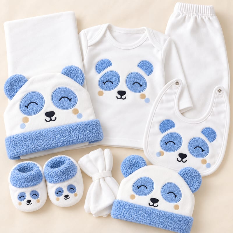 Close-up of the blue panda hat, top, bib, booties and washcloths