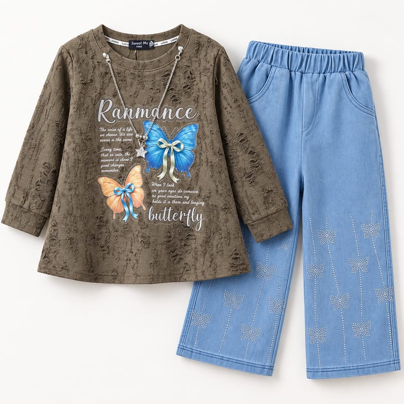 Olive-brown butterfly-print top with a chain necklace, with blue wide-leg jeans decorated with rhinestone butterflies