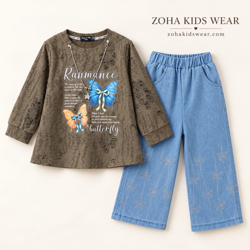 The butterfly top and rhinestone jeans laid flat side by side