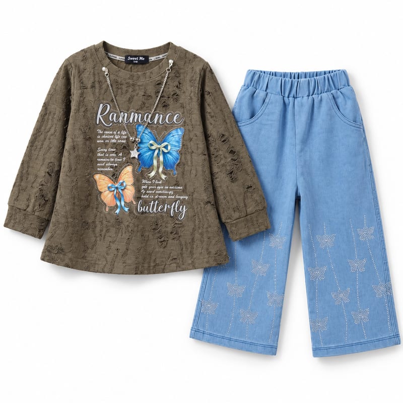 Another view of the butterfly-print top with its chain necklace and the wide-leg rhinestone jeans