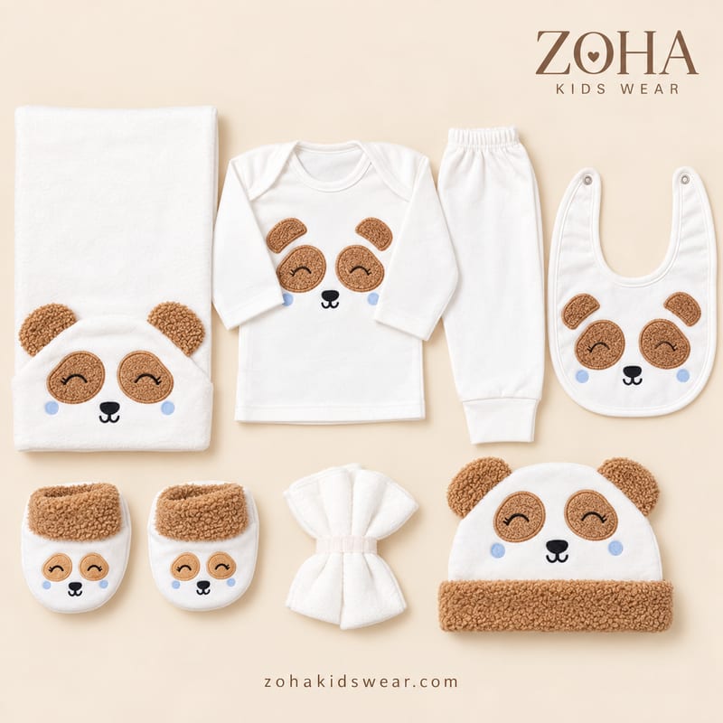 The seven pieces of the brown panda gift set on a cream background