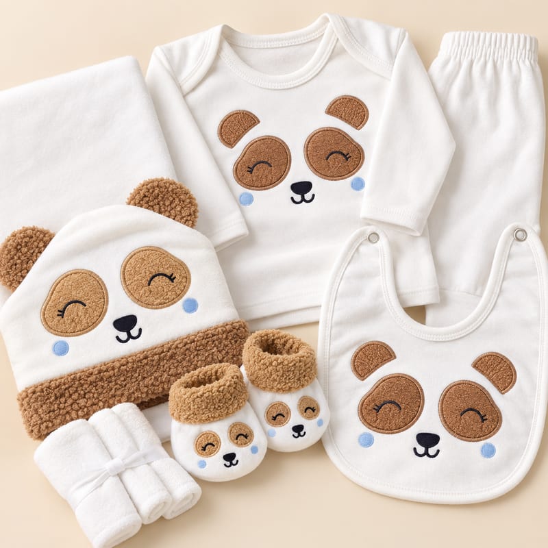 Close-up of the brown panda hat, top, bib, booties and washcloths