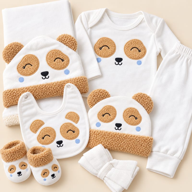The brown panda gift set arranged with the hooded blanket and two hats