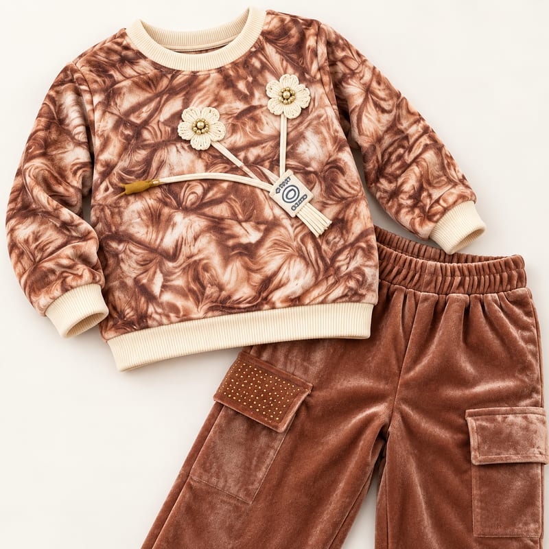 Cinnamon tie-dye sweatshirt with cream crochet flowers, with brown velvet cargo trousers