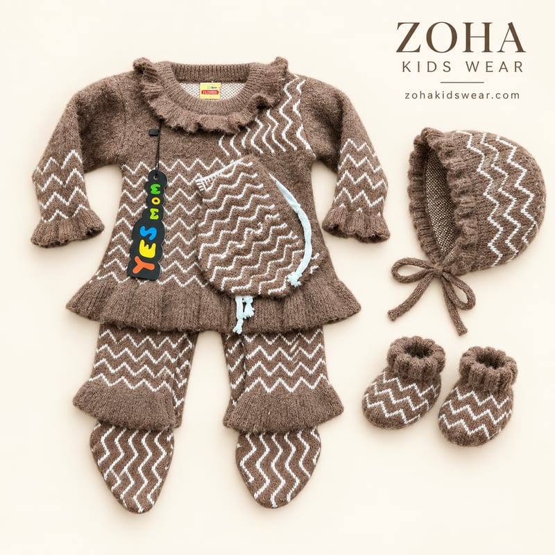 The brown zigzag knit set laid out on a cream background