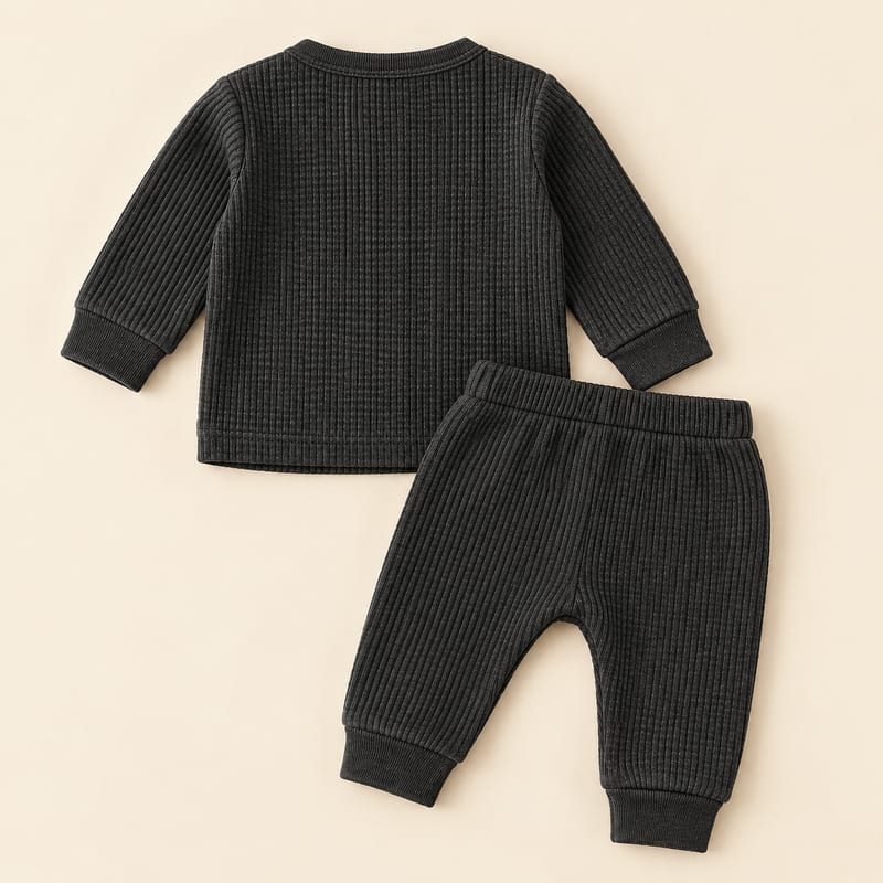 Back of the charcoal waffle-knit top and joggers, with ribbed cuffs