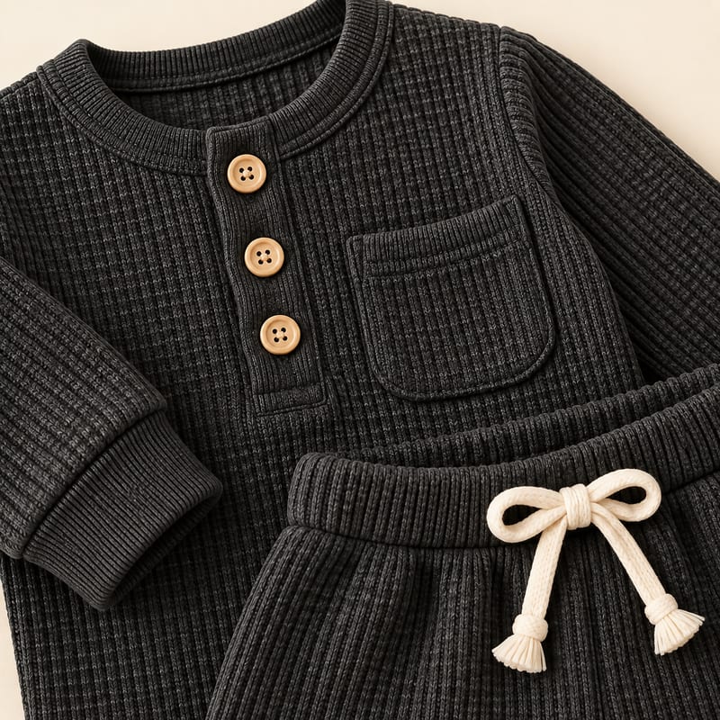 Close-up of the waffle knit, the wooden-style buttons, the chest pocket and the cream drawstring