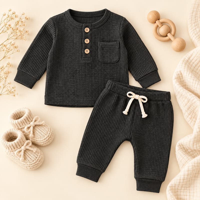 The charcoal waffle-knit set styled with cream knitted booties and a wooden rattle