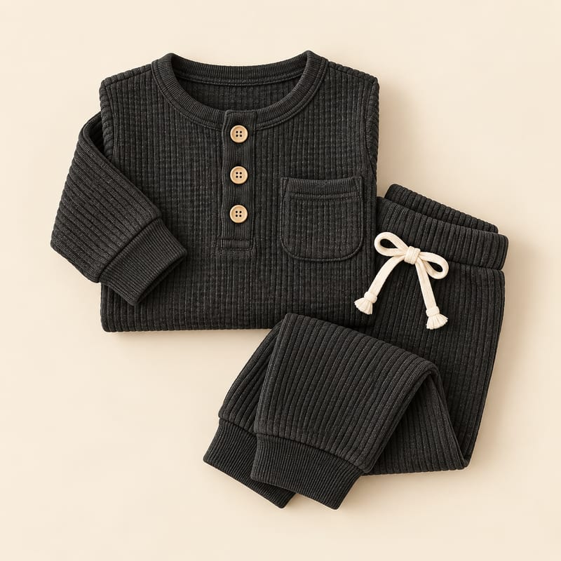 The charcoal waffle-knit top and joggers folded together