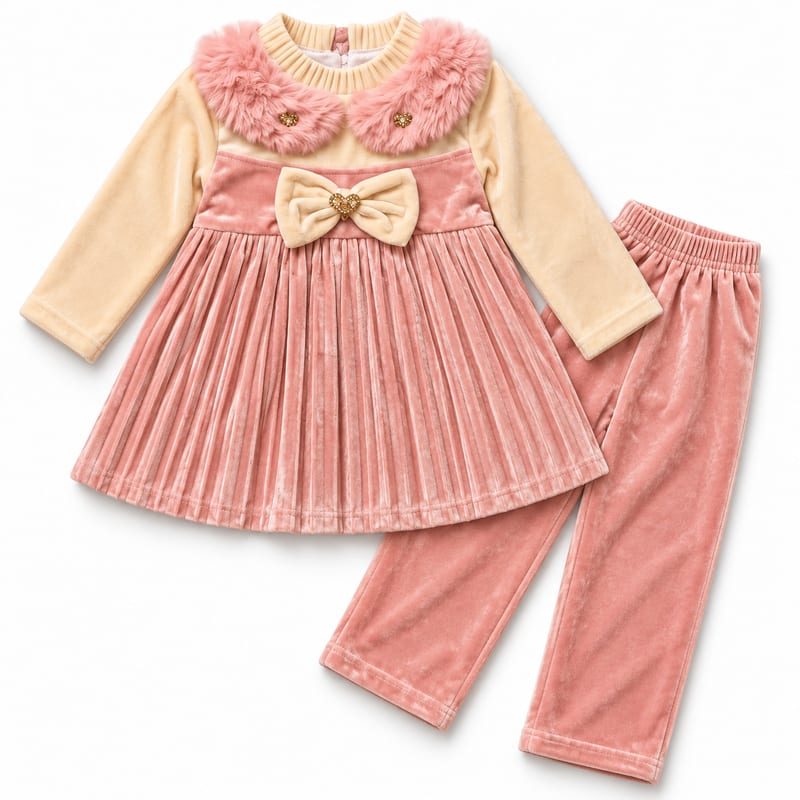 Cream and dusty-pink velvet frock top with a pink faux-fur collar, cream bow and pleated skirt, with pink velvet trousers