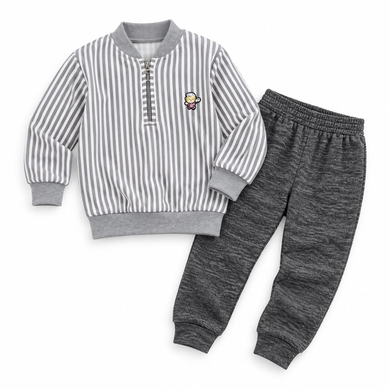 Grey and white striped half-zip sweatshirt with a character patch, with charcoal marl joggers