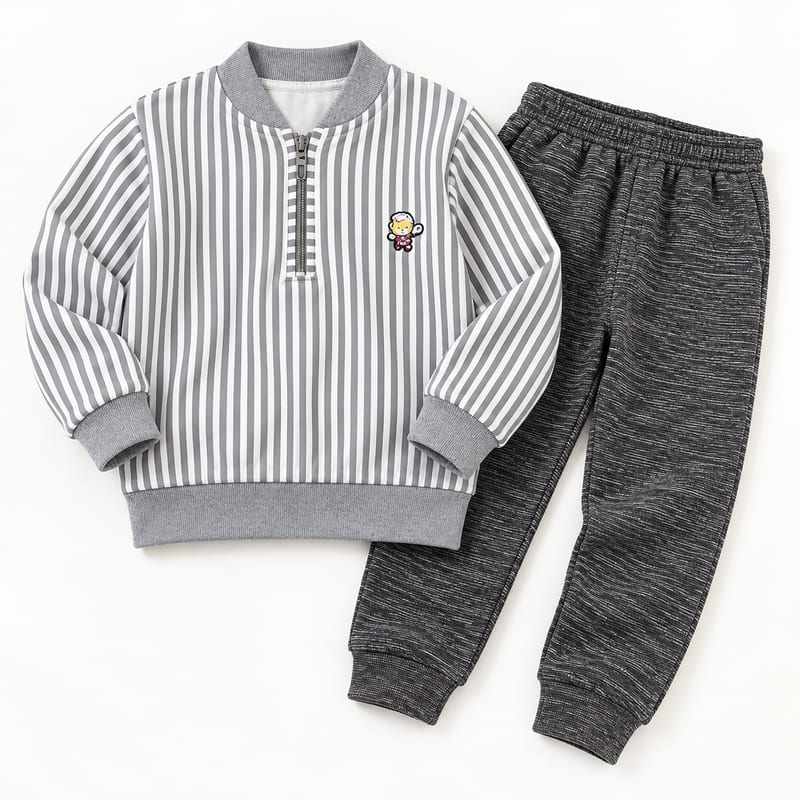 Another view of the striped half-zip sweatshirt and charcoal joggers