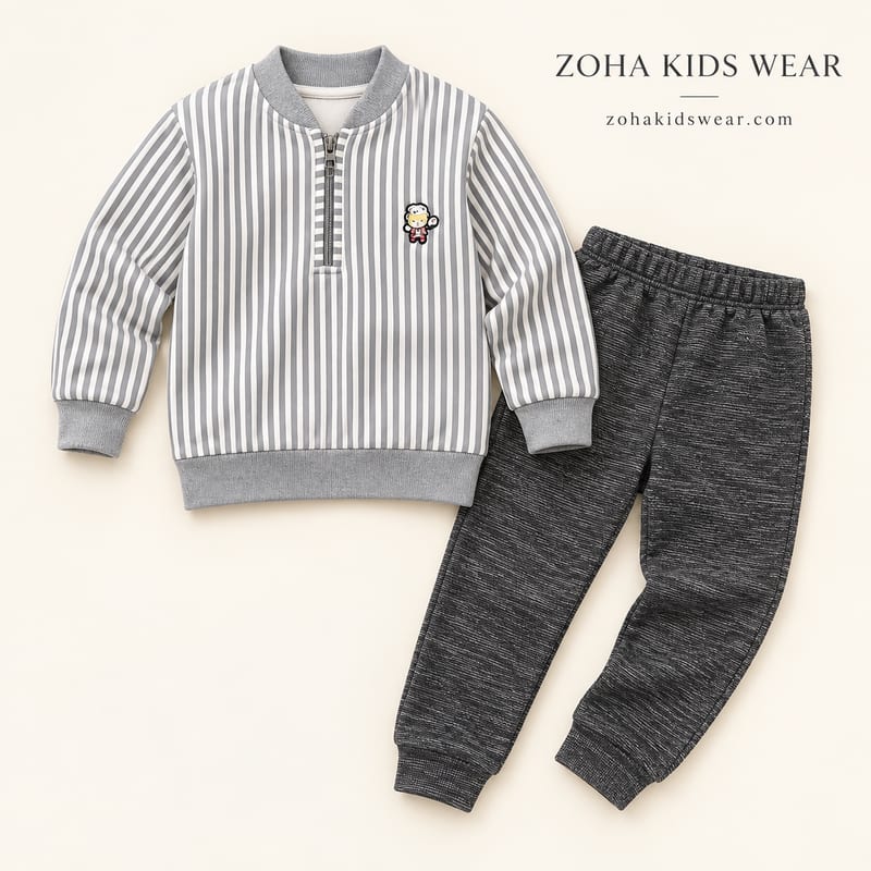 The striped half-zip sweatshirt and charcoal joggers on a cream background