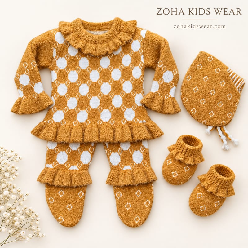 The mustard and white dot knit top, footed leggings, bonnet and booties on a cream background