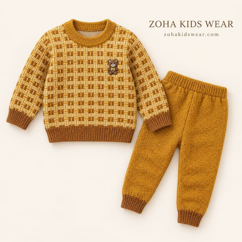 The mustard check-knit sweater with its teddy patch and the mustard joggers on a cream background