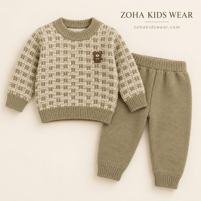Olive and cream check-knit sweater with a teddy patch, with olive knit joggers
