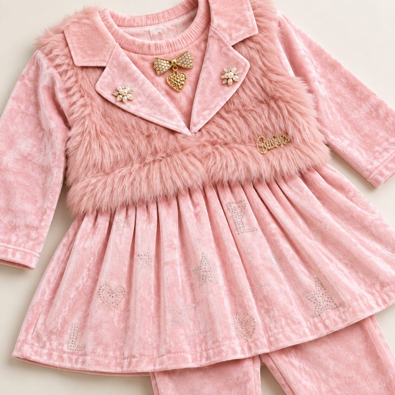 Blush-pink crushed-velvet frock top with a faux-fur vest front, velvet lapels, gold bow brooch and sparkly stars on the skirt
