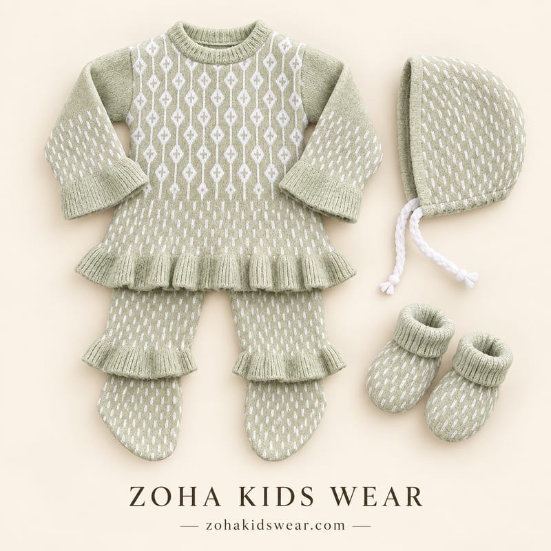 The sage diamond-pattern knit set, bonnet and booties on a cream background