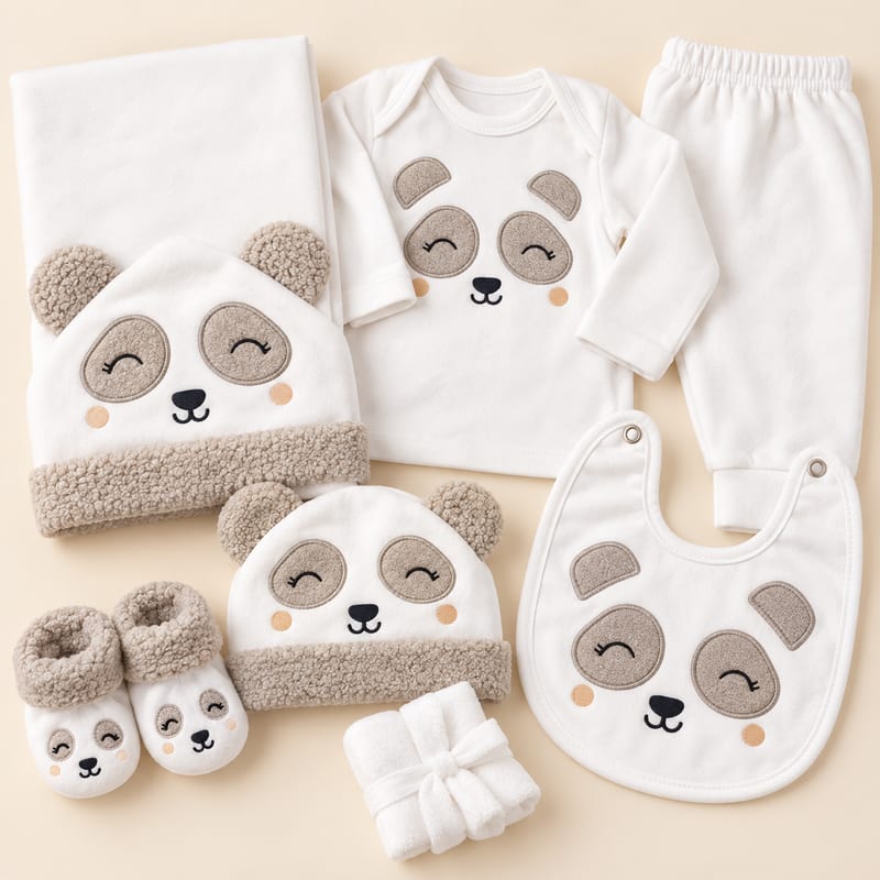 Close-up of the taupe panda hats, top, bib, booties and washcloths