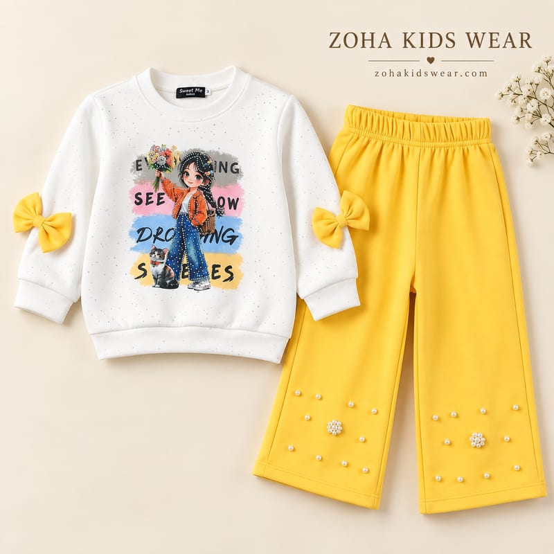 White girl-print sweatshirt with yellow sleeve bows, with yellow wide-leg trousers decorated with pearls