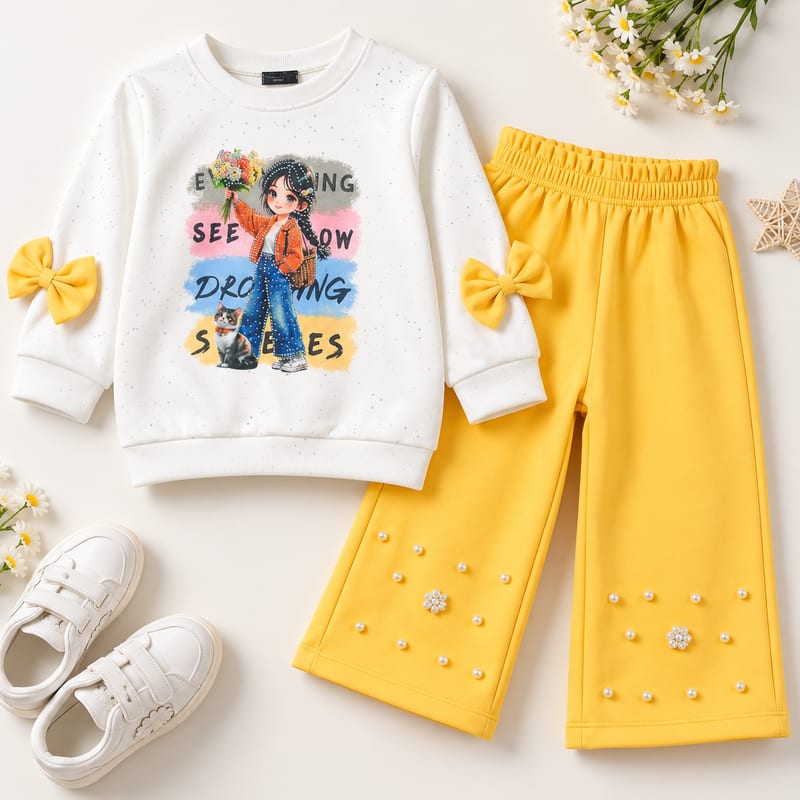 The sweatshirt and yellow pearl trousers styled with white shoes and flowers (shoes not included)