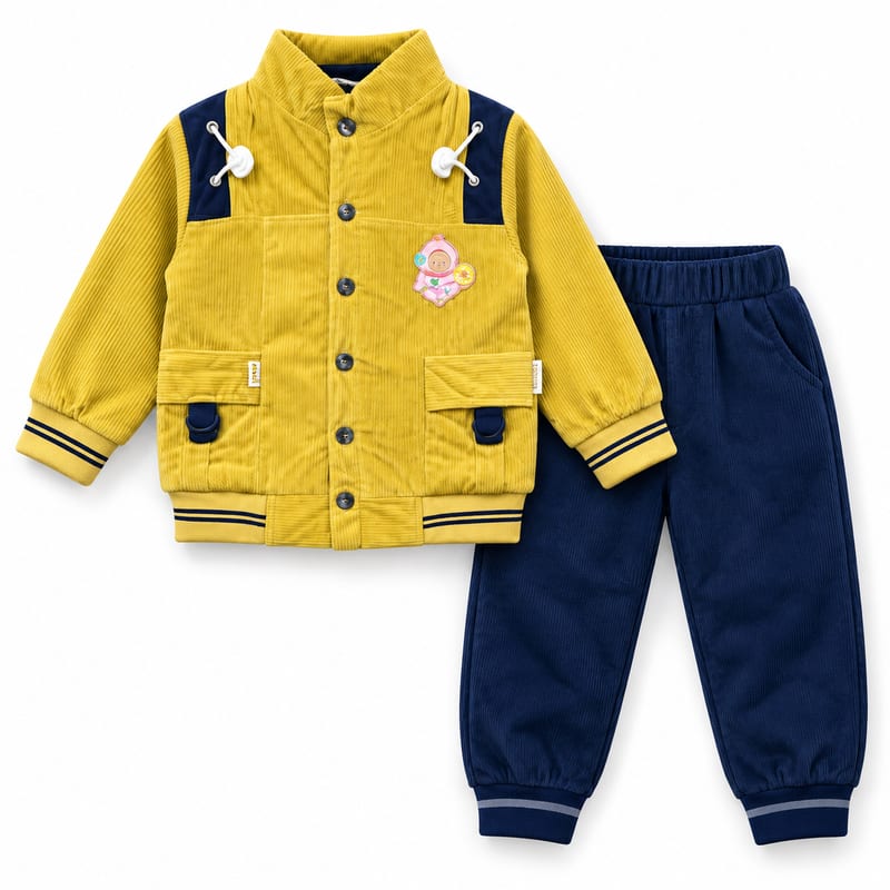 Mustard-yellow corduroy jacket with navy shoulder panels, toggle cords and flap pockets, with navy joggers