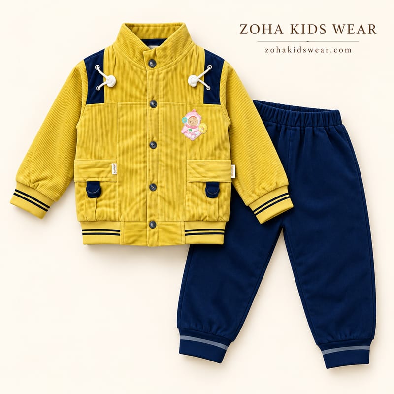 The yellow corduroy jacket and navy joggers laid flat on a cream background