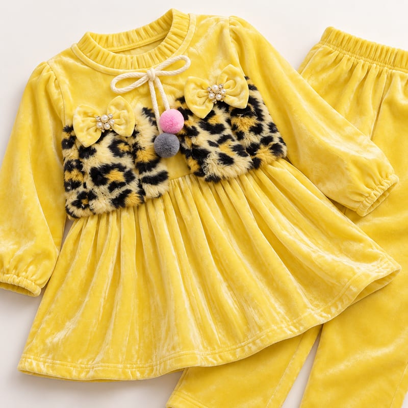 Sunshine-yellow velvet frock top with a leopard-print faux-fur vest front, pearl bows and pom-pom tie, with yellow velvet trousers